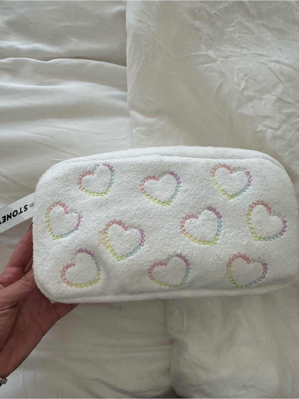 Stoney Clover Lane White Plush Cosmetic Pouch with Pastel Rainbow Hearts